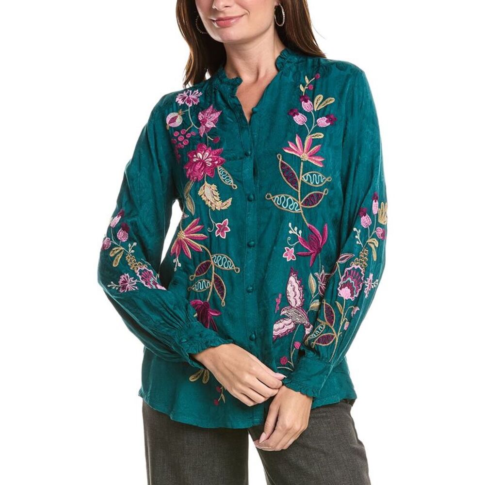 Johnny Was Womens  Ruffle Collar Blouse, Green